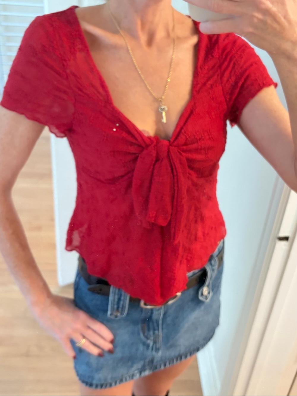 Source Unknown Red Tie-Front Sheer Blouse